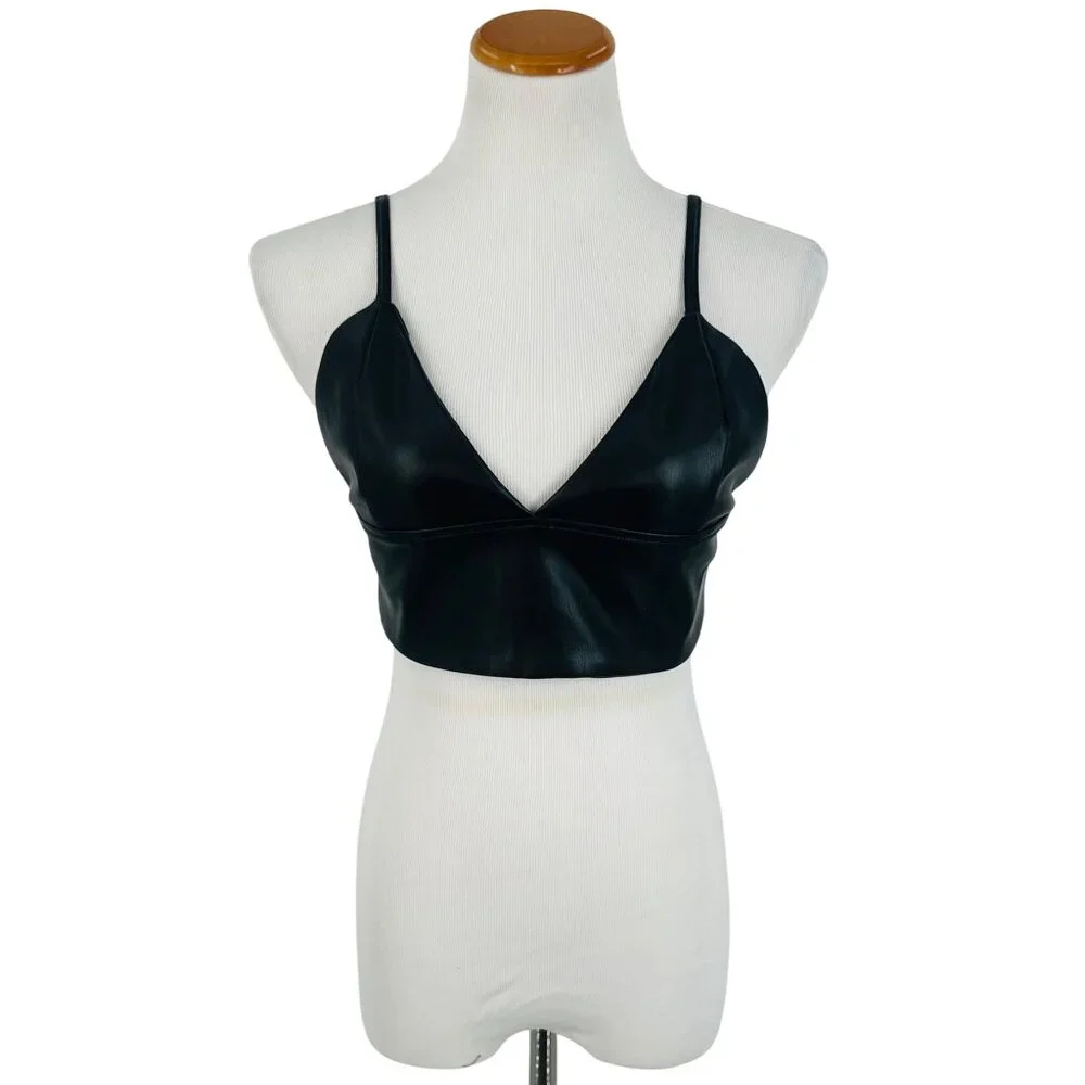 NWOT Shoedazzle Black Soft Vegan Leather Edgy V-Neck Sexy Club Rave EDM Crop Top - Picture 2 of 16